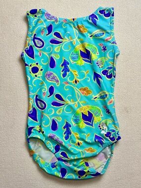 CUTE Foxy’s Paisley Leotard BRIGHT Turquoise & Purple Floral Gymnastics DANCE 8